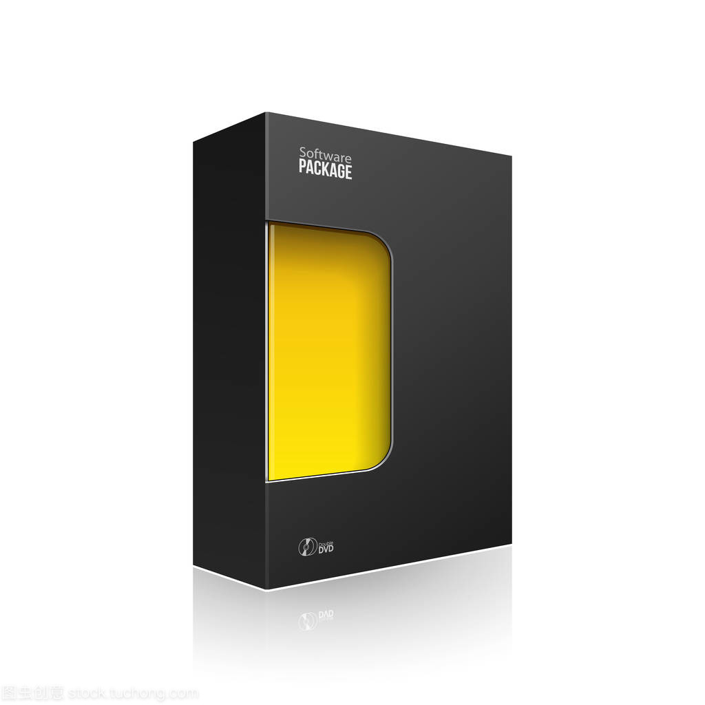 黑色現(xiàn)代軟件產(chǎn)品包裝盒, 帶有黃色橙色窗口, 用于 Dvd 或 Cd 盤。3d 在白色背景上的插圖被隔離。為您的設(shè)計做好準備。包裝.矢量 Eps10